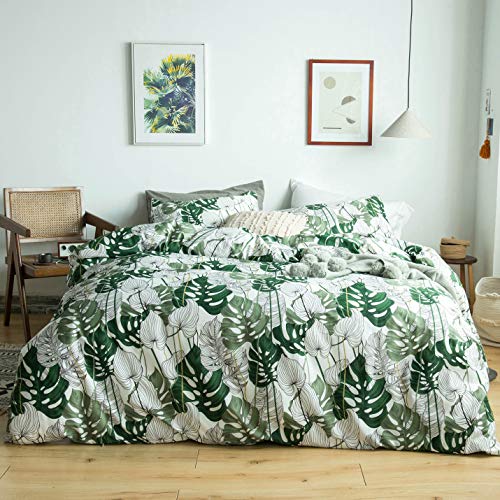 YuHeGuoJi Green Tropical Duvet Cover King 100% Cotton Monstera Leaves Pattern Duvet Cover 3 Pcs Set 1 Hawaiian Plant Duvet Cover with Zipper Ties 2 Pillowcases Farmhouse Botanical Bedding Set Soft