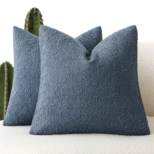 Foindtower Set of 2, Decorative Textured Boucle Throw Pillow Covers Accent Solid Pillow Cases Neutral Couch Cushion Case for Chair Sofa Bedroom Living Room Home Decor 24x24 Inch Dark Blue