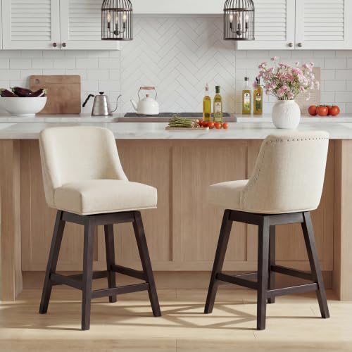 Bar Stools Set of 2, 360° Swivel Upholstered Counter Stools with Back, Wooden Frame Kitchen Bar Chairs with Nailhead Trim, Counter Height for Kitchen Island, Breakfast Bar, Dining Room,Beige