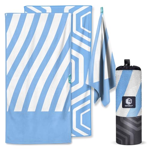 VENTURE 4TH Microfiber Beach Towel: Quick-Dry, Compact, Sand-Free, Absorbent, Sandproof and Lightweight - Perfect for Camping, Beach, and Roadtrips (Sky Blue Stripes Design - 35x78 inches)