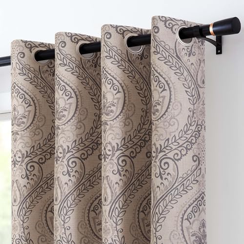 Vangao Grey Paisley Linen Textured Curtains 84 in Vintage Grommet 2 Panels - Room Darkening, Damask, Medallion Print, for Bedroom Living Room, Drapes, Retro, Window Treatment, Botanical Print