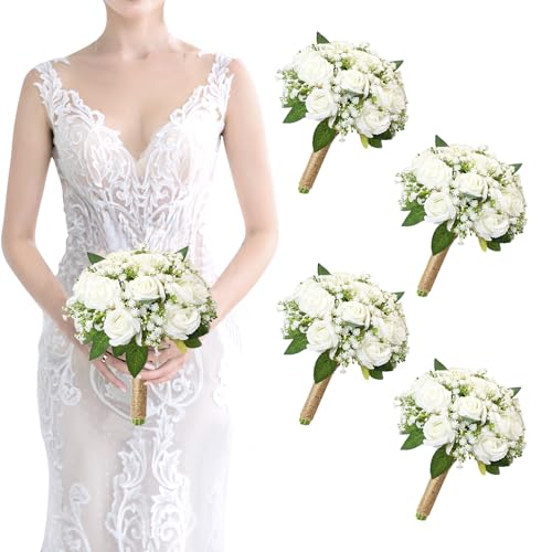SEMONONIA Set of 4 Bridesmaid Bouquet White Wedding Flowers Bouquets - Artificial Rose and Baby's Breath Rustic Small Floral Bouquet for Bridesmaid Fake Sage Green Boho 7 inch Wedding Decor
