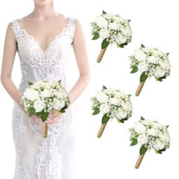 SEMONONIA Set of 4 Bridesmaid Bouquet White Wedding Flowers Bouquets - Artificial Rose and Baby's Breath Rustic Small Floral Bouquet for Bridesmaid Fake Sage Green Boho 7 inch Wedding Decor