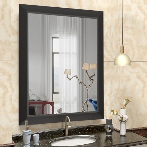 SMIROR Black Bathroom Mirrors for Over Sink 24x32 Inch, Metal Framed Vanity Mirror for Wall, Rectangular, Right Angle Corner, Thick Frame (Horizontally/Vertically)