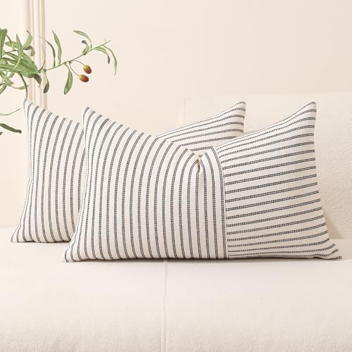 Hckot Farmhouse Pillow Covers 12x20, Lumbar Throw Pillow Covers Set of 2, Black Striped Patchwork Linen Decorative Pillows Cushion Covers for Couch Chair Bedroom Spring Decorations(Black)
