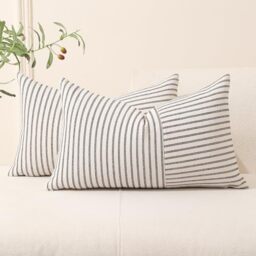 Hckot Farmhouse Pillow Covers 12x20, Lumbar Throw Pillow Covers Set of 2, Black Striped Patchwork Linen Decorative Pillows Cushion Covers for Couch Chair Bedroom Spring Decorations(Black)