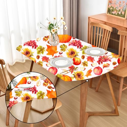 Amonsa Oval Thanksgiving Tablecloth Stretchy Fabric Washable Cloth Dining Table Cover with Elastic No Slip Reusable Pumpkin and Fruits 48 x 72 Inch