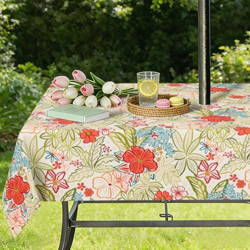 "owbgsdh Outdoor Tablecloth with Umbrella Hole and Zipper, Tropical Flower Waterproof Patio Table Covers, Rectangle 60"" x 84"""