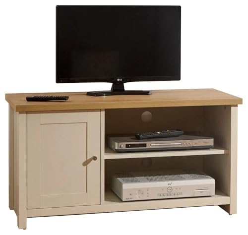 GFW Lancaster 1 Door Elegant TV Display Shelves & Storage Cabinet, Entertainment Unit Media Stand Country Inspired Wooden Living Room Furniture, Cream Finish With Oak Contrast Top W95 xL40 x H50 cm