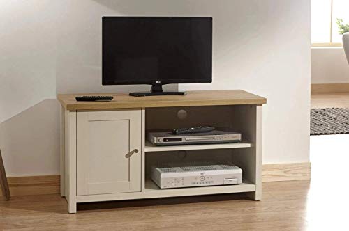 GFW Lancaster Small TV Cabinet, Cream and Oak Effect TV Unit with 1 Door, Media Storage Shelf and Cable Management, Country Cottage Living Room Furniture