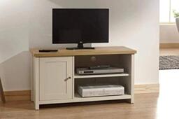GFW Lancaster Small TV Cabinet, Cream and Oak Effect TV Unit with 1 Door, Media Storage Shelf and Cable Management, Country Cottage Living Room Furniture
