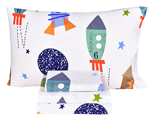Scientific Sleep Outer Space Airship Rocket Star Explore Teen Boys Girls Cotton Cotton Full Bed Sheet Set, Flat Sheet & Fitted Sheet & Pillowcase Bedding Set (Space, Full)