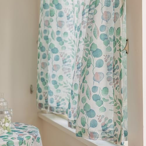 SUOUO Boho Green Leaf White Semi Sheer Curtains Linen Textured for Living Room 96 inches Long Rod Pocket Patterned Light Filtering Window Drapes for Bedroom Dining 2 Panels