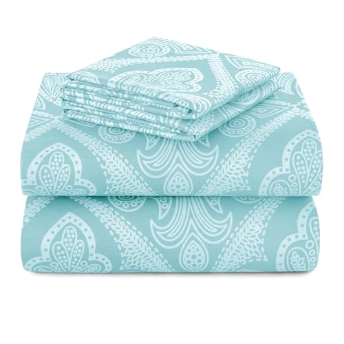 Hannah Linen Paisley King Sheet Set, 4 PC Soft Microfiber Wrinkle Free Sheets - Luxurious Printed Bed Sheets Includes Flat Sheet, Fitted Sheet with Deep Pockets, & 2 Pillowcases - Blue