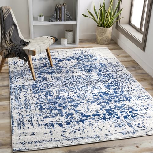 Livabliss Juliette Syracusa Vintage Carpet 140x200 cm, Traditional Multicolour Boho Design for Living Room, Dining & Kitchen, Easy Care Pile, Blue Beige