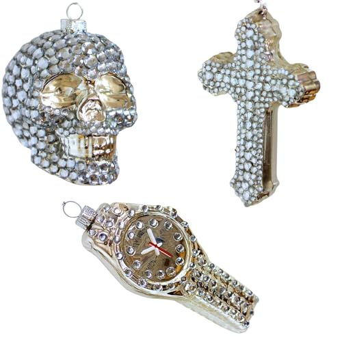 Dekohelden24 Lauschaer Lauscha Christmas Tree Decorations Set of 3 Glass Jewels Cross Skull and Clock Christmas Tree Baubles Glass Ornaments from Lauscha 8 to 13 cm