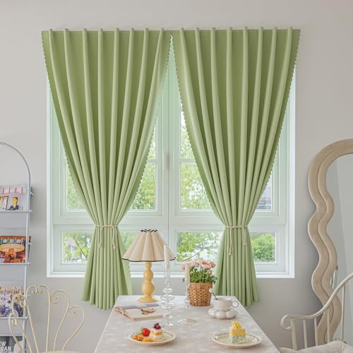"Jilron Magic Tape Stick on Curtains Blackout Curtains for Bedroom no Drillng Self Adhesive Curtain no Rod Small Window (Green, 47"" W x 71"" L) 2 Panels"