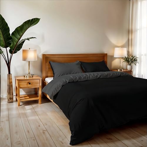 Double Duvet Cover, Plain Double Face, Vera Bedding Set with Duvet Cover 250 x 200 cm with Envelope 20 x 50 cm + 2 Pillowcases 50 x 80 cm, Black/Smoke Grey