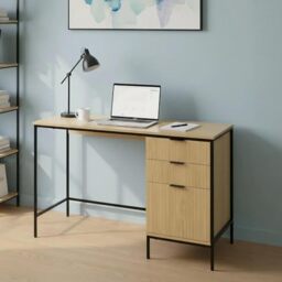 Home Source Wisbech Industrial Desk with 3 Drawers – Oak Effect Top, Black Metal Legs - 119W x 48D x 77H cm - Home Office Computer Desk
