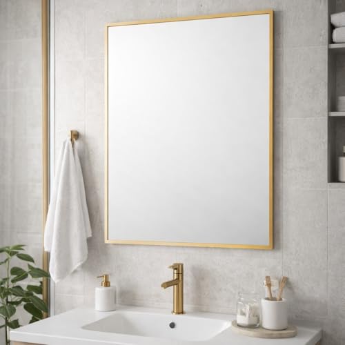 Bathroom Aluminium Metal Modern Gold Mirror 70 x 50cm – Wall Mounted Rectangular Mirror – Portrait or Landscape Hanging – Sleek Contemporary Frame