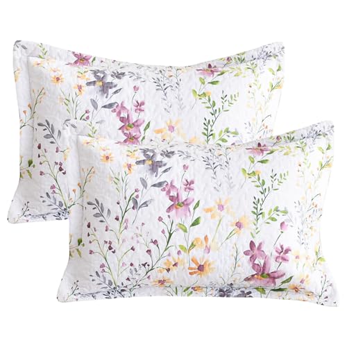 Ladyann Quilted Pillow Shams Standard Size 20x26, 2-Piece Botanical & Wild Floral Pattern Printed Pillow Covers, Soft & Cozy Cotton Decorative Pillow Cases for Bed