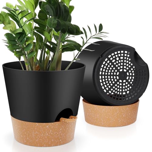 YNNICO 10 Inch Set of 2 Plant Pots Indoor Self Watering Planters with Drainage Holes and Saucers. (Black)