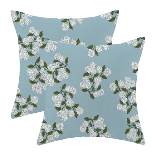 AEIOAE Spring Pillow Covers 18x18 Inch Set of 2, Baby Blue Green Hydrangea Flower Throw Pillows Case,Floral Summer Outdoor Seasonal Decorative Farmhouse Decor Cushion Covers for Home Sofa Bed Couch