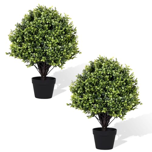"I.C.ELAINE 24"" Faux Boxwood Ball Plants, Topiary Trees Artificial Outdoor Set of 2, UV-Resistant Fake Potted Bushes & Shrubs for Planters Front Porch Outside Decor 2ft"