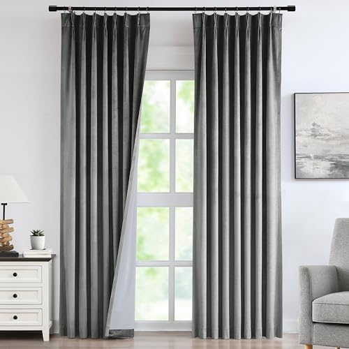"Vision Home Pewter Gray Velvet Pinch Pleated Blackout Curtains 95% Room Darkening Window Curtains 90 inch for Living Room Bedroom Thermal Insulated Velvet Pleat Drapes Pin Hooks Back Tab 40"" Wx90 Lx2"