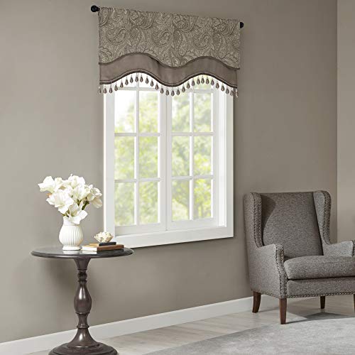 "Madison Park Aubrey Faux Silk Paisley Jacquard, Rod Pocket Curtain With Privacy Lining For Living Room, Kitchen, Bedroom and Dorm, 50"" x 18"", Blue"