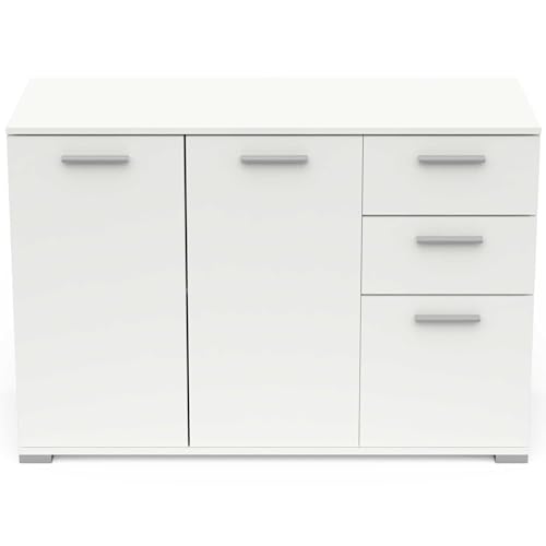 Demeyere Enfilade Buffet Salon-3 Ante e 2 cassetti-Made in France-Garanzia 2 Anni, Legno ingegnerizzato, Bianco, L 119,6 x P 41,9 x H 82,4 cm
