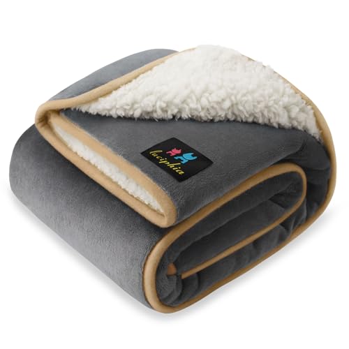 "Waterproof Pet Blanket, Liquid Pee Proof Dog Blanket for Sofa Bed Couch, Reversible Sherpa Fleece Furniture Protector Cover for Small Medium Large Dogs Cats, Grey+Beige Large???65"" x 57""???"