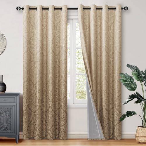 DWCN 100% Blackout Curtains for Bedroom 90 Inch Long - Damask Patterned Ombre Thermal Insulated Energy Saving Grommet Drapes for Living Room, Gradient Window Curtain 2 Panels, 52 x 90 Length, Taupe