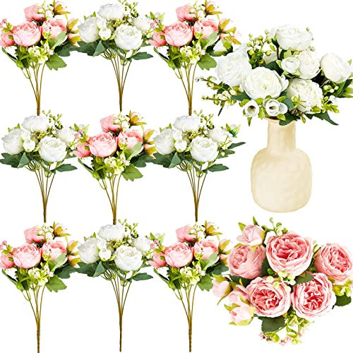 Jexine 12 Bundles Silk Artificial Peonies Flowers Faux Peony Bouquet Fake Peonies Artificial Flowers Bouquets for Vase Floral Arrangements Wedding Home Table Decoration (White, Pink)