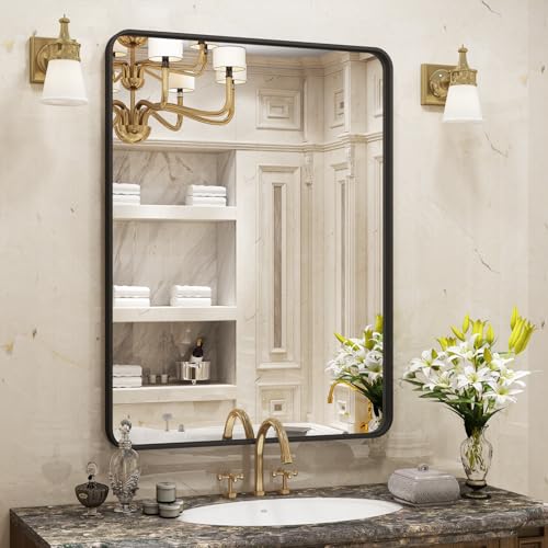 VANLIO 24x30 Inch Black Matte Framed Bathroom Mirror for Wall - Rounded Corner Rectangle Vanity Mirror, Tempered Glass, Anti-Rust, Shatterproof (Horizontal/Vertical)