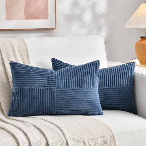Fancy Homi 2 Packs Dusty Blue Long Lumbar Decorative Throw Pillow Covers 12x24 Inch for Couch Bed Sofa, Rustic Farmhouse Boho Home Decor, Soft Striped Corduroy Rectangle Accent Cushion Case 30x60 cm