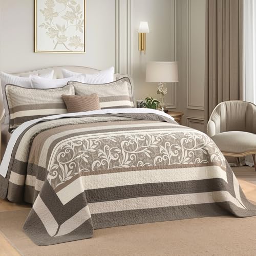 FineStichery Lightweight Queen Bedspreads 120x102, 100% Cotton Oversized Quilt, Striped Botanical Pattern Coverlet, Reversible Farmhouse Quilted Bedding Set 3 Piece, Brown/Dark Brown/Beige