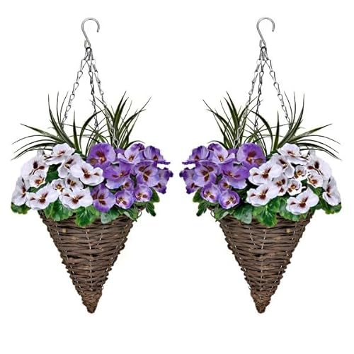 2 x Cone Shaped Hanging Baskets with Purple & White Flowers and Decorative Grasses (Set of 2)