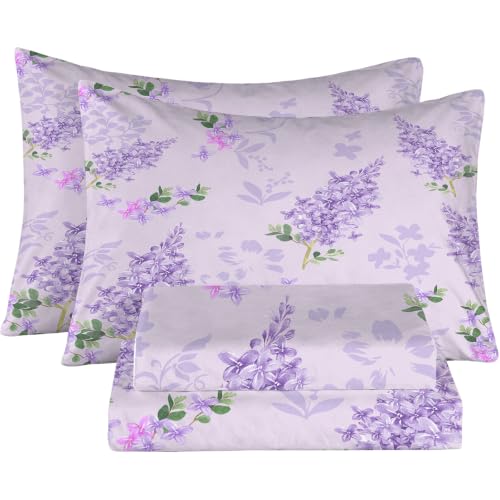 FUYEUN Floral Bed Sheets Set Twin Fitted Sheets Purple Lilac Flower Bedding Flat Sheet Women Girls Kids Modern Farmhouse Top Sheet Aesthetic Sheet Set 1 Pillowcase