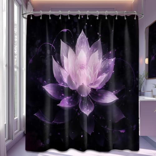 QGHOT Black and Purple Shower Curtain Lotus Flower Shower Curtains for Bathroom Decor Decorative Floral Bath Curtain Set, Waterproof Cloth Fabric, 84x72in