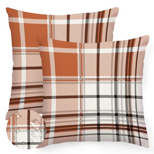 RABUSOFA Fall Pillow Covers 18x18 Inch Outdoor Waterproof Set of 2 Rust Buffalo Plaid Thanksgiving Autumn Decorative Throw Cushion Cases Seasonal Fall Farmhouse Decorations for Home Couch Patio