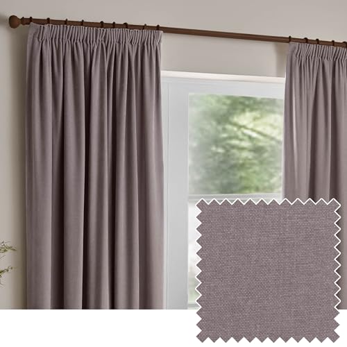 Yard Heavy Chenille Pencil Pleat Curtain Pair – Lined Room Darkening Soft Velvet Curtains (Mauve – Width 168 x Drop 137cm)