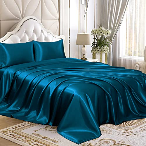 Homiest Twin Dark Teal Deep Pocket Satin Sheets, 3-Piece - 15-Inch Deep Pocket Design, Silky Soft for Hair And Skin, Wrinkle And Fade Resistant, Machine Washable, Glossy Finish