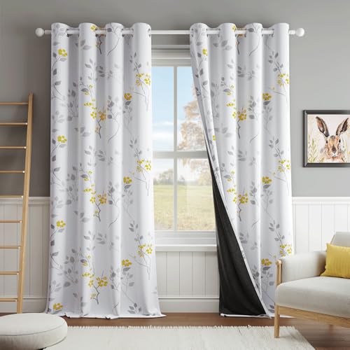 Beauoop Floral 100% Blackout Curtains Bedroom Yellow Grey 52X90 2 Panels - Flower Patterned Yellow White Room Darkening Drapes for Living Room Thermal Insulated Soundproof Window treatment Grommet