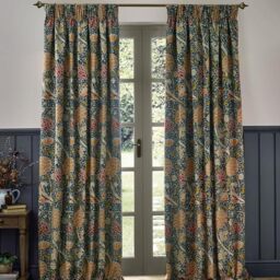 Morris&Co. Cray Pencil Pleat Curtain Pair – Lined Velvet Floral River-Inspired Drapes (Indigo/Berry - 117x183cm)