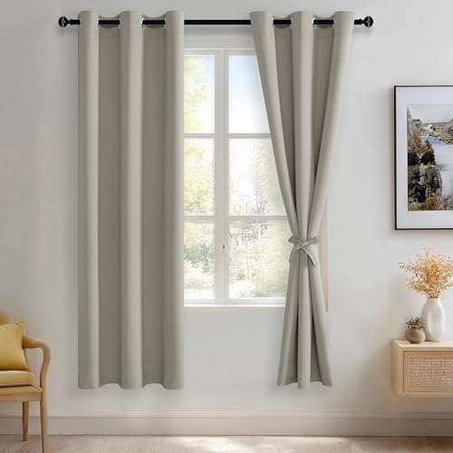 JIUZHEN Silver Grey Blackout Curtains with Tiebacks Thermal Insulated, Light Blocking and Noise Reducing Grommet Curtains for and Living Room, Set of 2 Window Curtain Panels, 42 x 72 Inch Length