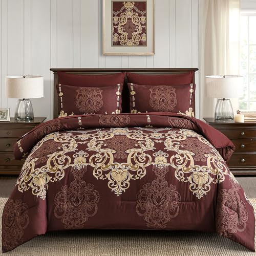 "Mybedsoul Burgundy Queen Comforter Set, 7 Pieces Boho Bed in a Bag for Queen Bed, Damask Comforter with Sheets Pillowcases, Soft Microfiber Lightweight Bedding Sets for All Season(90""x90"")"