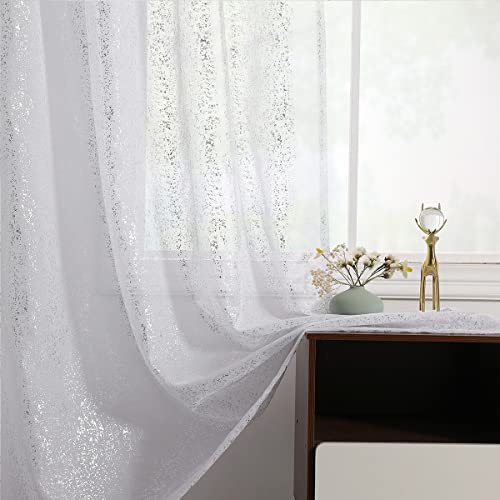 TERLYTEX Silver White Sheer Curtains with Foil Dots, W52 x L45 Inch - Rod Pocket, Airy Fabric, Light Filtering, Clean Airy Look, Soft Metallic Shimmer, Subtle Privacy, Small Windows Use