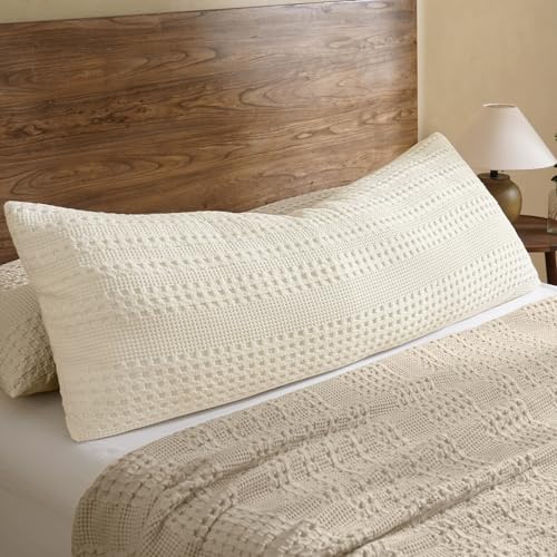 "PHF 100% Cotton Waffle Body Pillowcase with Zipper, 1 Pack 20"" x 54"" Soft Skin-Friendly Pillow Sham, No Filling, Aesthetic Woven and Breathable Waffle Weave Body Pillow Cover for Bed, Ivory"