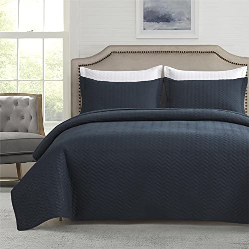 Maple&Stone Quilt Set Queen Size, Herringbone Lightweight Bedspread, Coverlet with Shams - (Navy, Queen)